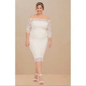 NWT TORRID Ivory Off the Shoulder 3/4 Sleeve Lace Bodycon Midi Wedding Dress